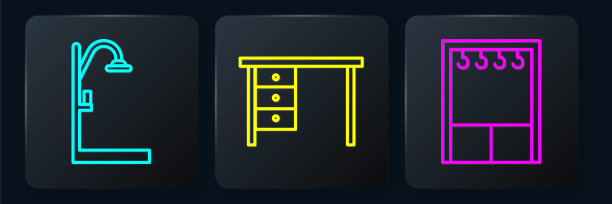 设置线淋浴，衣柜和办公桌。黑色方形按钮。向量图片下载