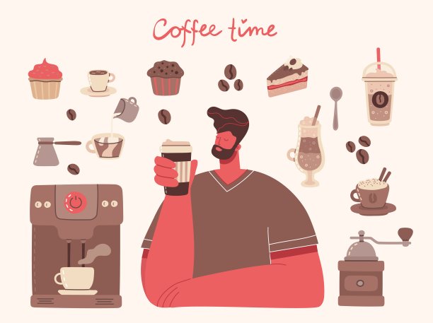 大套咖啡壶、杯子、玻璃、咖啡磨床围绕着以咖啡艺术风格为背景的男人。图片下载