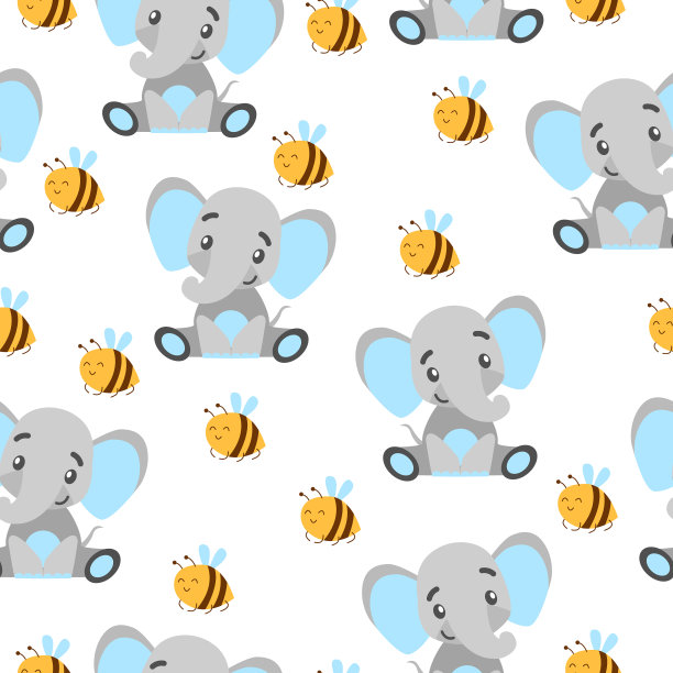 小象和黄蜜蜂的无缝图案。灰色和浅蓝色。白色背景。平的卡通风格。有趣和可爱。非洲的动物。用于明信片、墙纸、纺织品和包装纸图片下载