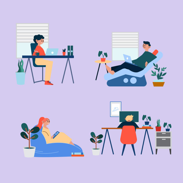 在家工作，在家工作，共同工作空间的概念。男女自由职业者在家里用笔记本和电脑工作。卡通矢量插图在平面风格。图片下载