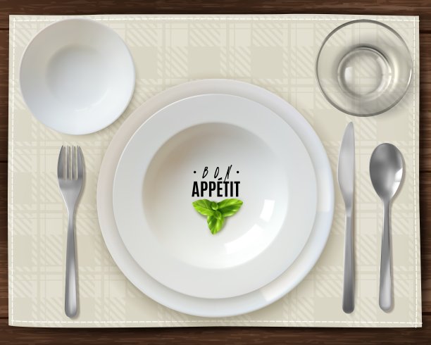 逼真的玻璃眼镜桌子设置。俯视图表设置。主要为一个人服务。白色的盘子，透明的玻璃。矢量图图片下载