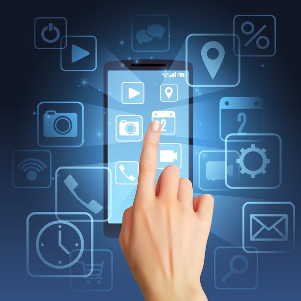 多媒体图标手插图。现实的手轻拍智能手机应用程序图标在一个黑暗的背景。手机应用的标志和符号。发光的图标霓虹灯荧光辉光。为网页和移动应用程序设计图片下载