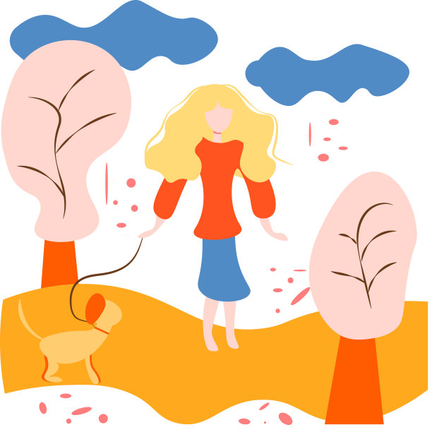 女孩带着一只狗在森林里散步。彩色矢量插图在平面风格图片下载