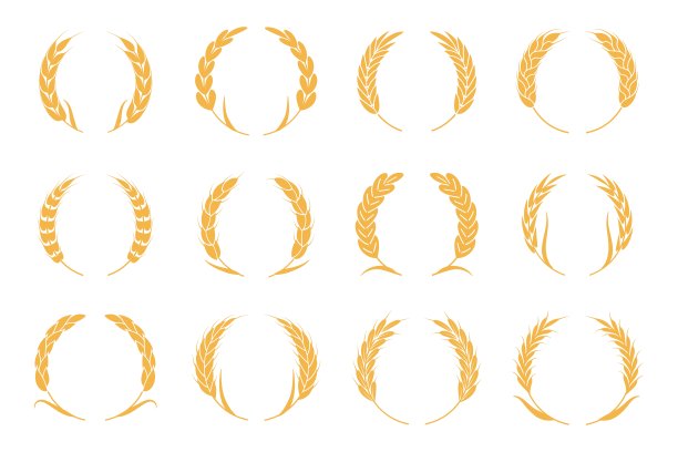 小麦和黑麦花环。收获高峰的标志。有机食品标志，面包包装或啤酒标签的元素。独立矢量图标集图片下载