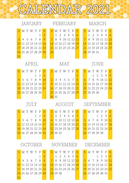 2021年日历计划。Ð¡orporate一周。模板布局，每年12个月，白色和黄色背景。简单设计的商业小册子，传单，印刷媒体，广告。一周从星期天开始。素材图片