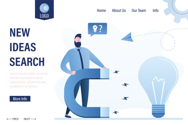 新想法搜索登陆页面模板。英俊的商人拿着一个巨大的磁铁吸引点子灯泡。图片下载