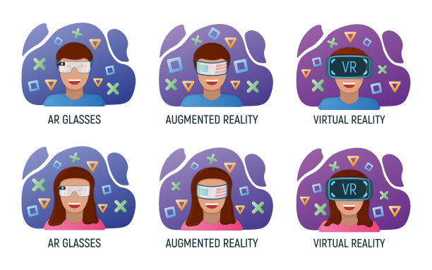 男性和女性角色在虚拟现实眼镜，现代技术增强现实孤立在白色，平面矢量插图。图片下载