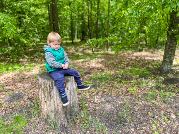 皮肤白皙的孩子，独自一人在森林里。自由空间。图片下载