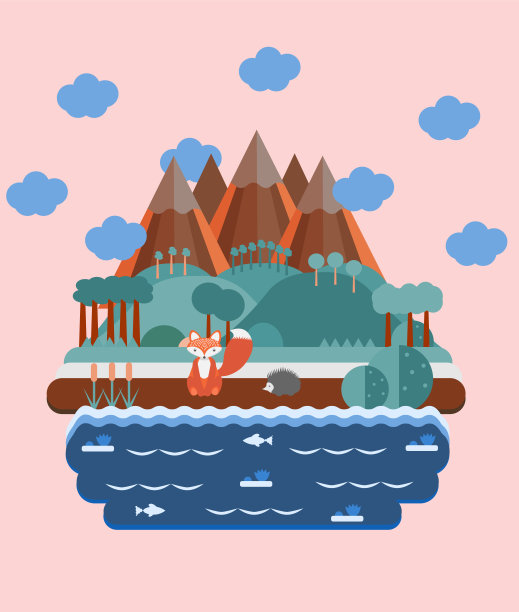 森林生命的矢量插图。森林动植物。时髦的图形风格。山和湖。狐狸靠近水和鱼。图片下载