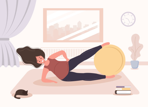 孕期瑜伽：女性在家做健身球运动，保健运动概念。图片下载