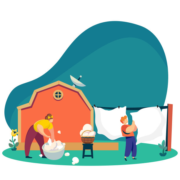 女人在后院洗衣服，乡村生活矢量插画图片下载