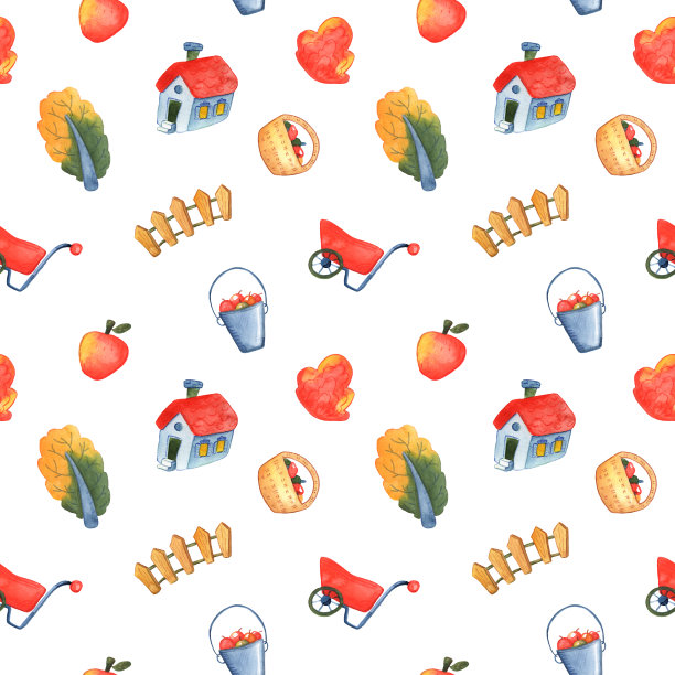 秋园丰收无缝图案上的白色背景。花园手推车，乡村房屋和水果收获图片下载