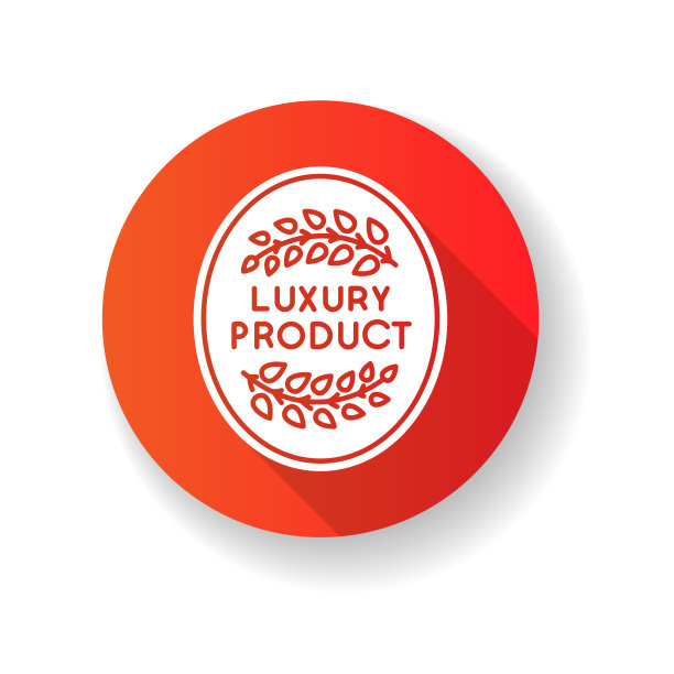 奢侈品红色扁平设计长影字形图标。顶级品质的商品，优质地位的保证，品牌资产。优雅的徽章与月桂树枝剪影RGB彩色插图图片下载