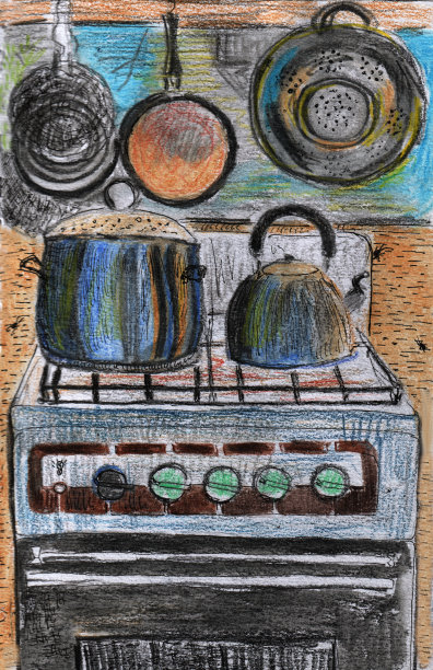 在厨房里，煤气炉上有壶和水壶图片下载