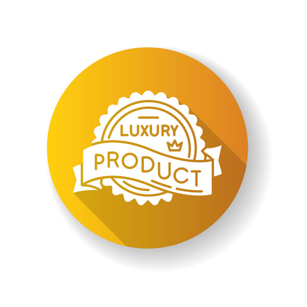 奢侈品黄色平面设计长阴影字形图标。品牌资产，优越地位。昂贵的优质商品徽章与皇冠和旗帜缎带剪影RGB彩色插图图片下载