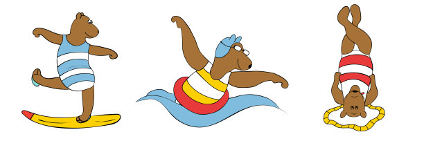 熊穿着泳衣摆出各种姿势。平面图标贴纸集。夏天的主题。矢量插图。图片下载