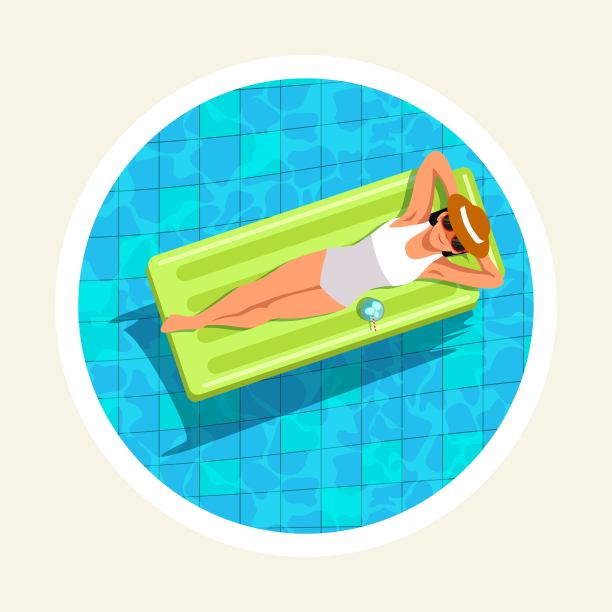 微笑的女人躺在游泳池的气垫上图片下载