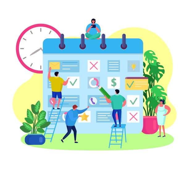 商业公司团队策划活动，会议在大型日历，矢量插图。通过提醒来安排人的工作图片下载