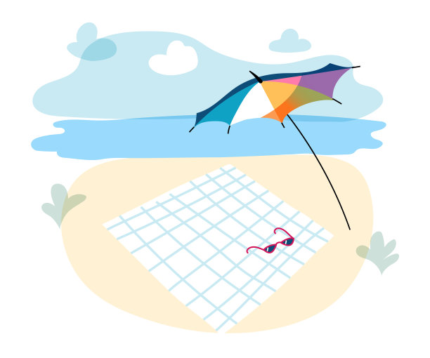 遮阳伞和毛巾躺在沙滩上。海滨景观背景图片下载