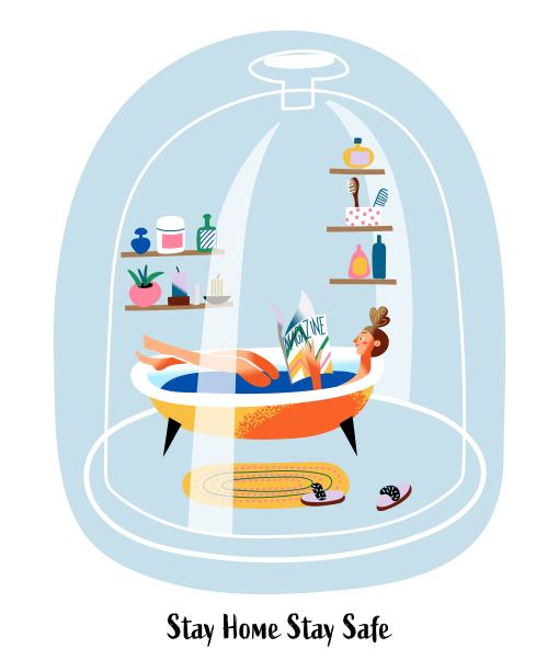呆在家里呆在安全的概念。女人在洗澡，看杂志图片下载