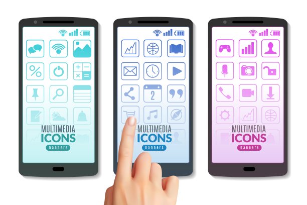 等距多媒体图标垂直横幅。三个垂直横幅形式的智能手机屏幕与多媒体应用图标在白色的背景与现实的手轻敲屏幕符号，所有对象是孤立的，易于编辑图片下载