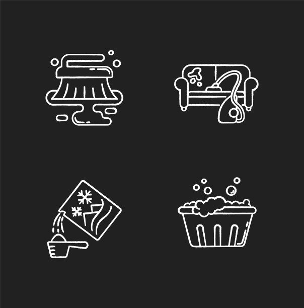 清理服务粉笔白色图标设置在黑色背景。去污剂、地板湿法清洁、家具干洗。手洗，洗衣粉使用。孤立矢量黑板插图图片下载