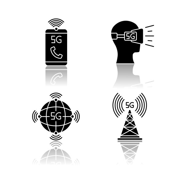 5G无线技术投影黑色字形图标集。VR耳机。发射塔。改进的电话。世界标准。移动蜂窝网络。孤立的矢量插图上的空白图片下载