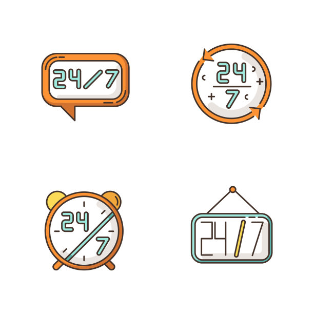 24小时7小时服务RGB颜色图标设置。在线全天候客户支持。24 HRS呼叫中心。带数字的闹钟。帮助台的象征。挂着便利店的招牌。孤立的矢量插图图片下载
