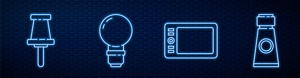 设置线图形板，图钉，灯泡，管与油漆调色板和图片。砖墙上发光的霓虹灯图标。向量图片下载