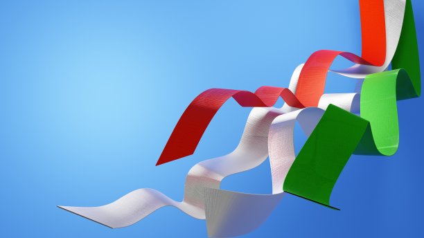 充满活力，动态的设计背景。红、白、绿丝带在蓝色背景上飘舞。抽象的3 d渲染。图片下载