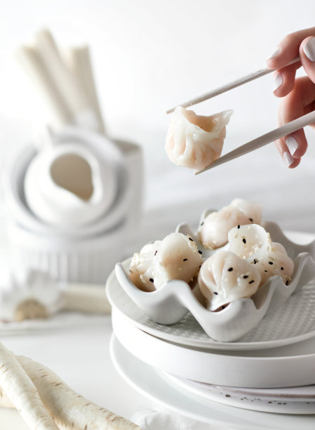 白色单色亚洲料理中国日本午餐-手握筷子与虾饺图片下载