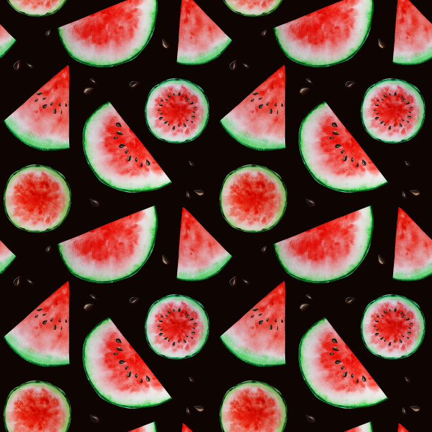 西瓜切片水果无缝图案水彩手绘插画，新鲜健康食品-天然有机食品织物纹理上的黑色背景。剪贴簿纸素材图片