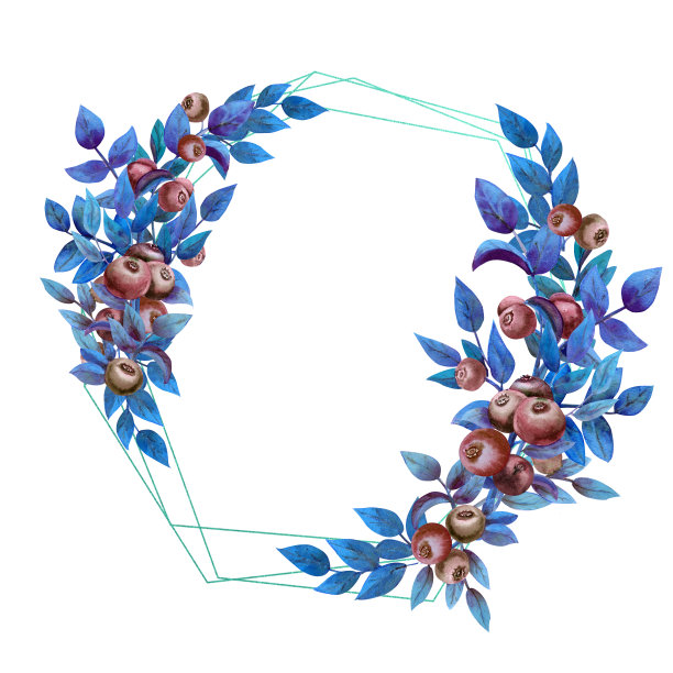 几何框架与成熟的蓝莓在一个白色孤立的背景蓝色调。水彩插图图片下载