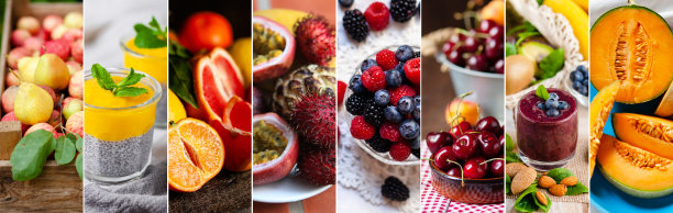 概念健康低卡路里的甜品，不同美味的水果。天然有机生物节食产品。拼贴八张照片，横幅格式。素食者有多种选择。图片下载