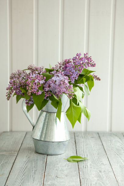 靠近窗户的木制背景上放着一束丁香的金属喷壶图片下载