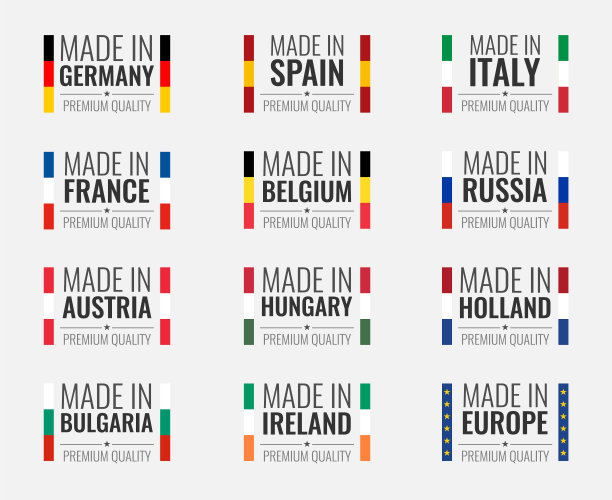 矢量标志集德国、法国、意大利、西班牙、比利时、俄罗斯、荷兰、奥地利、匈牙利、爱尔兰、保加利亚制造及欧盟、欧盟国家国旗标签图片下载