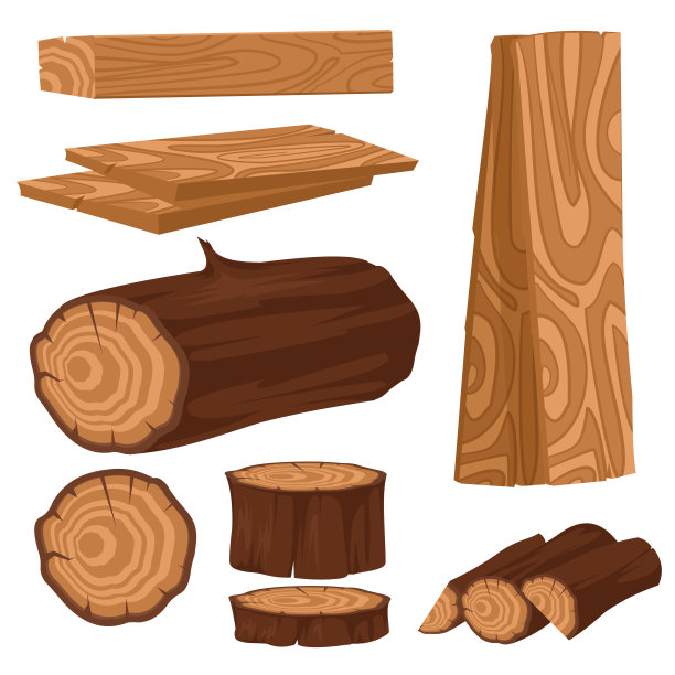 卡通颜色木材工业原料图标集。向量图片下载