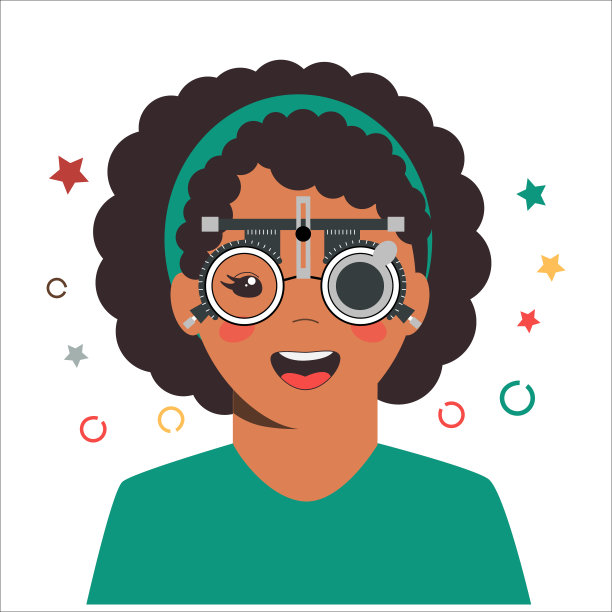 儿童眼科门诊视力检查。验光师检查儿童视力与眼镜医疗设备。眼镜镜片的选择。女孩扁平卡通人物插图图片下载