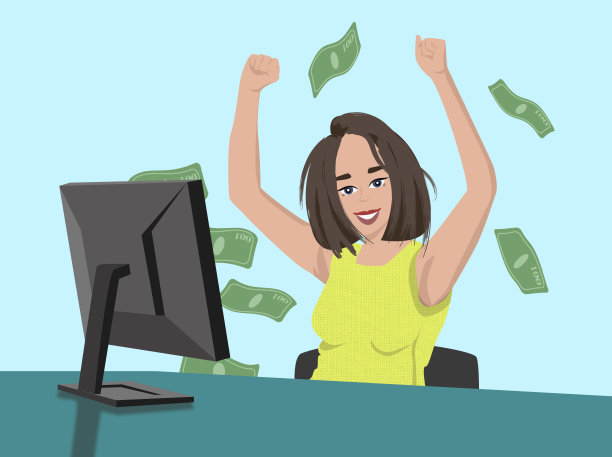 坐在电脑前赚钱的女孩图片下载
