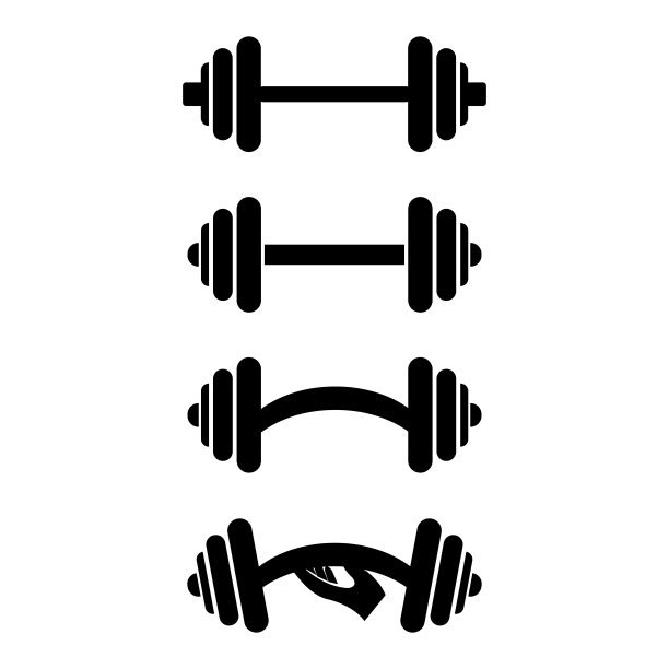 健身房的哑铃图标，黑色标识设计与矢量插图。用于网页和打印图片下载