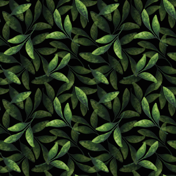 绿色的叶子。无缝模式与水彩插图上的黑色背景。环保植物点缀。大量，混乱的模式为一个时尚的印花。华丽的植物。素材图片