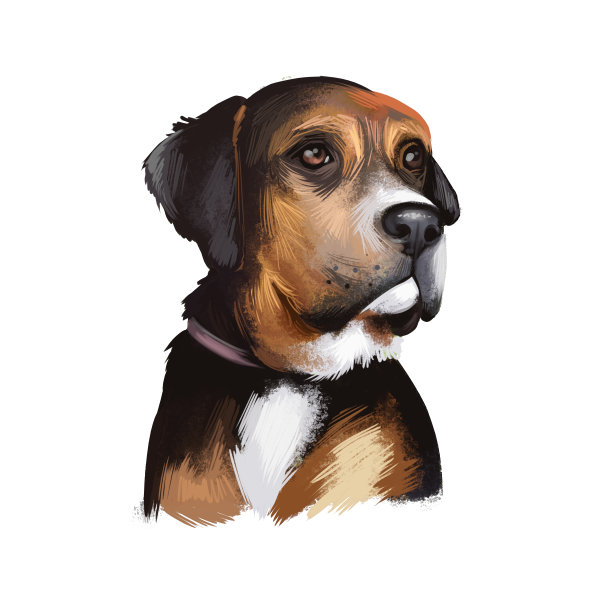 奥地利黑和棕猎犬品种数字艺术插图孤立在白色。奥地利黑棕猎犬是起源于奥地利的一种犬种。黑色狗白色项圈，头像。图片下载