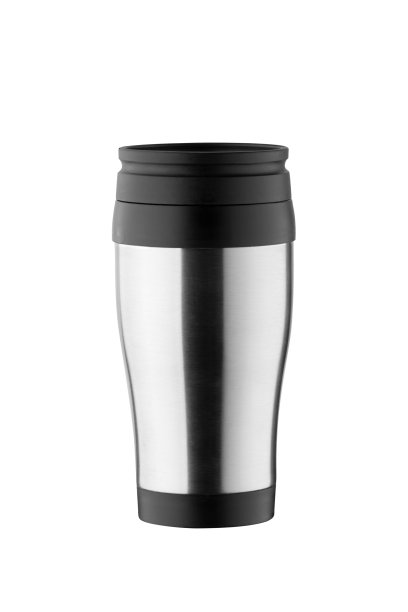 不锈钢咖啡杯正面视图。热旅行杯，用来喝热茶饮料。孤立在白色背景上。设计的空白。影棚拍摄。图片下载