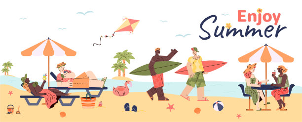 夏季海滩横幅与人在海滨平坦矢量插图孤立。图片下载