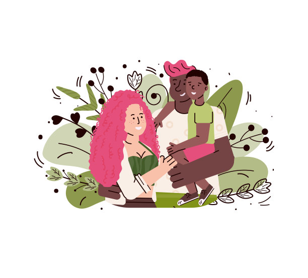 卡通家庭与孩子拥抱-混血夫妇抱着他们的儿子图片下载