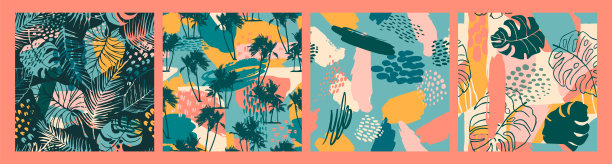 抽象创意无缝图案与热带植物和艺术背景。图片下载