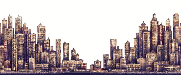 现代城市天际线，高度详细的手绘插图素材图片