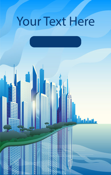 河岸上的一座现代化城市。蓝色的摩天大楼映衬在云上。图片下载