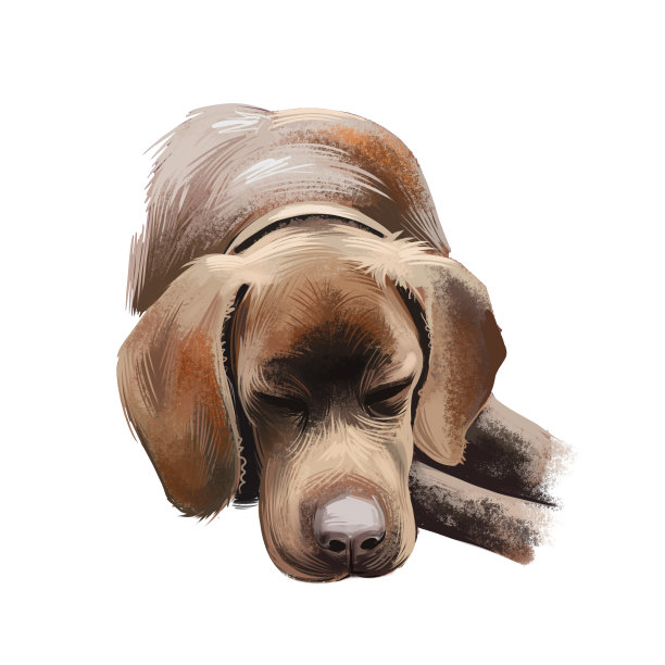 布拉克法国犬品种孤立在白色背景数字艺术插图。布拉克français猎犬非常古老的一种枪犬，用于指向猎物的位置，睡觉的小狗宠物。图片下载