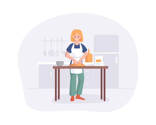 一个年轻女子在厨房的桌子上揉面团。可爱的小女孩在家做饭。平面卡通矢量插图烹饪爱好展示图片下载